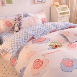 Ins Pink Strawberry Cute Cartoon Fruit Bedding Set Duvet Cover Soft Queen Full Size Flat Bed Sheet Quilt Cover Pillowcase Kawaii