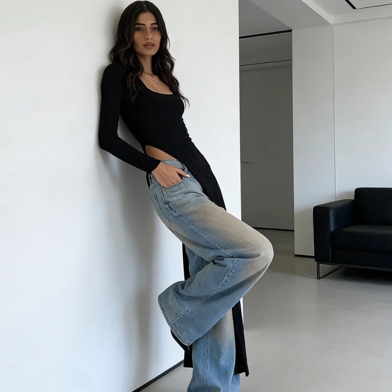 New Fashion Spring and Summer Long-sleeved U-neck Women's Top Long Split-ended Dress Solid Color Slim-fitting Sexy Blouse