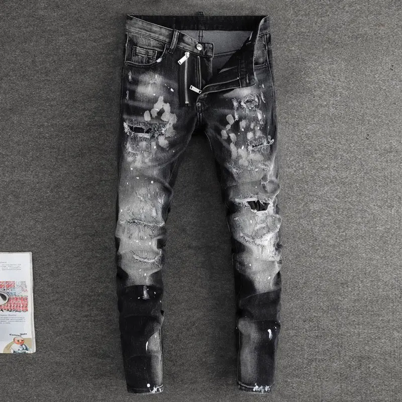 Street Fashion Men Jeans Retro Black Gray Stretch Slim Fit Painted Ripped Jeans Embroidery Patched Designer Hip Hop Brand Pants