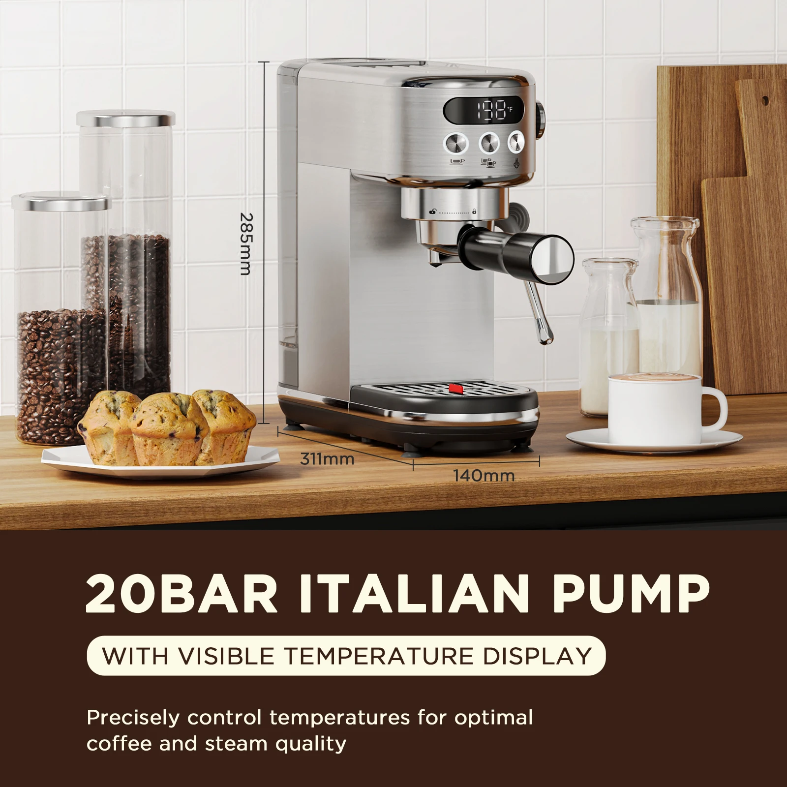 Neretva 20 Bar Espresso Machine Compact Espresso Maker with LED Display & Milk Frother for Home Barista Stainless Steel 4