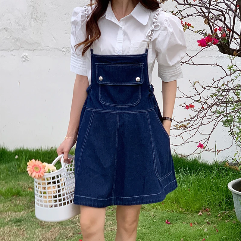 

Spring Korean Version Of Denim Suspender Skirt Age-Reducing Design Pocket Denim Suspender Skirt Dress Covering Meat A-Line Skirt