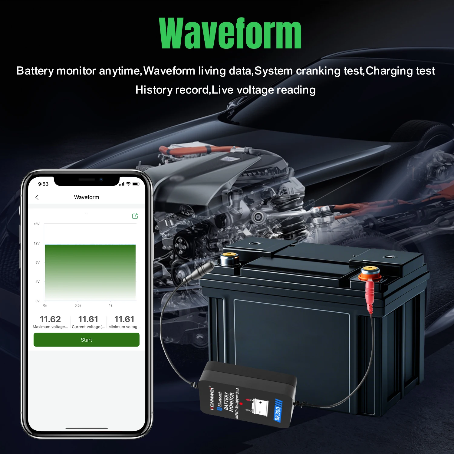 2024 KONNWEI BK300 12V 24V Bluetooth 5.0 Car Truck Battery Tester Waveform Monitor Charging Cranking Test Tools For Ios Android - View #8