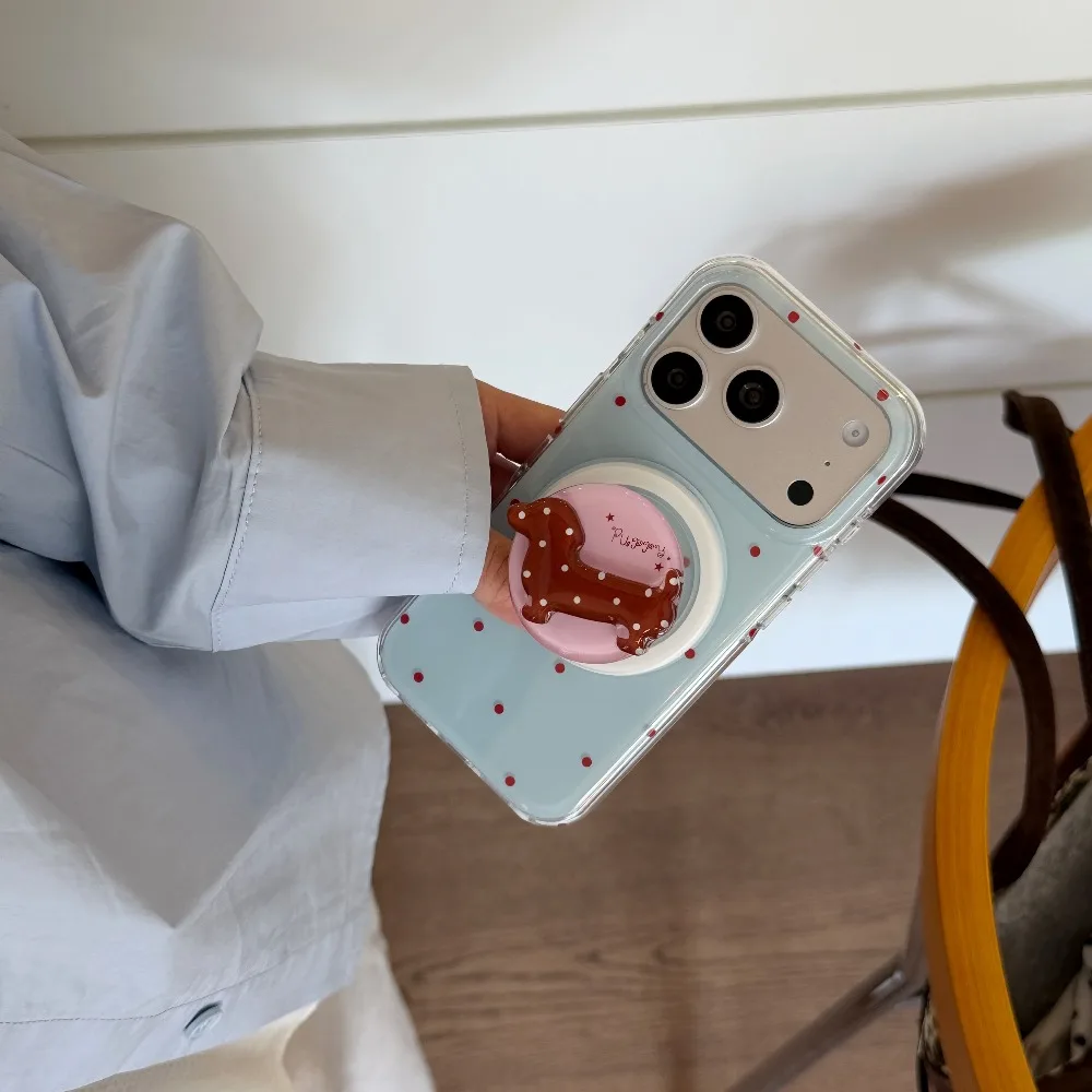Light Blue & Red Polka Dot Magnetic Phone Case with 3D Dachshund Pop Socket & Shockproof Cover