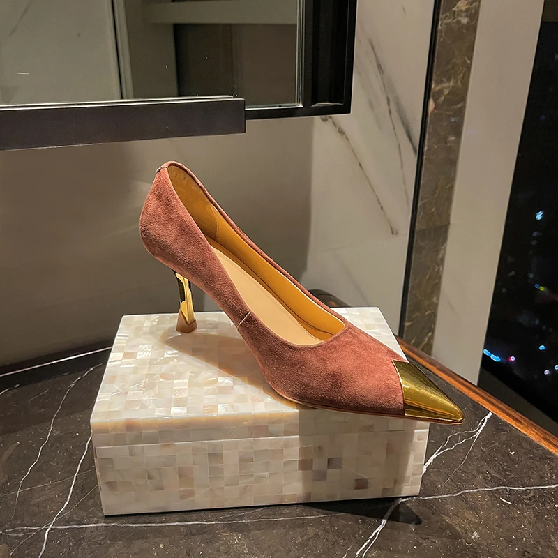 

2023 new autumn women pumps natural leather 22-25cm kid suede+cowhide+pigskin full leather metal head high heel women shoes