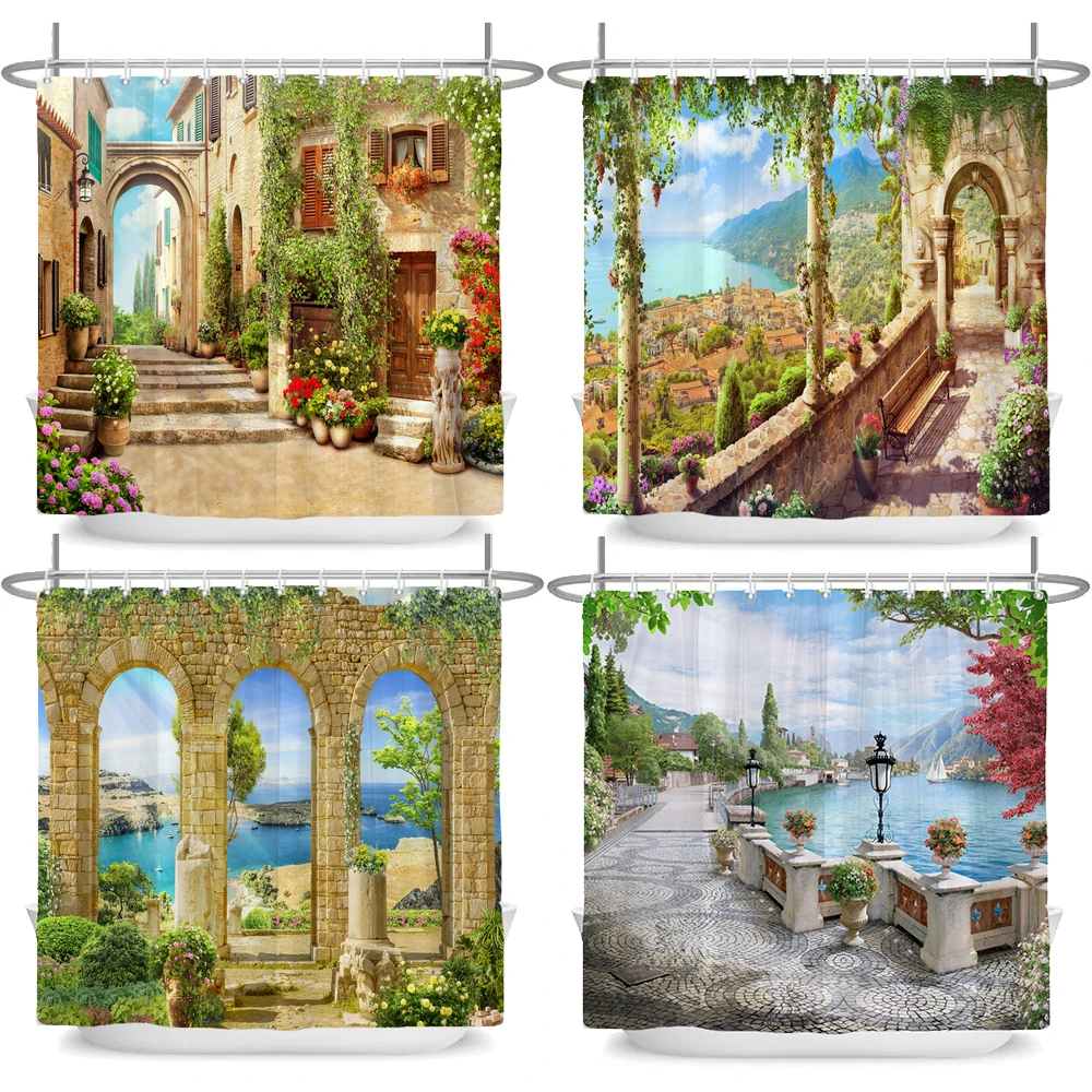 

European Ancient Town Seaside Scenery Shower Curtain Sea View Printed Fabric Waterproof Bathroom Curtain Decoration With Hooks