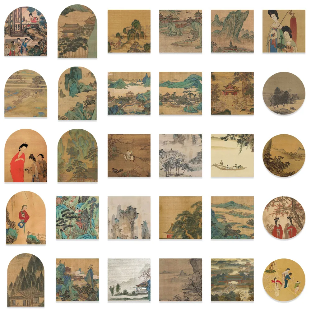 61Pcs 중국 문화 스타일 고대 풍경 그림 스티커 노트북 벽 가방 편지지 장식 스티커 데칼