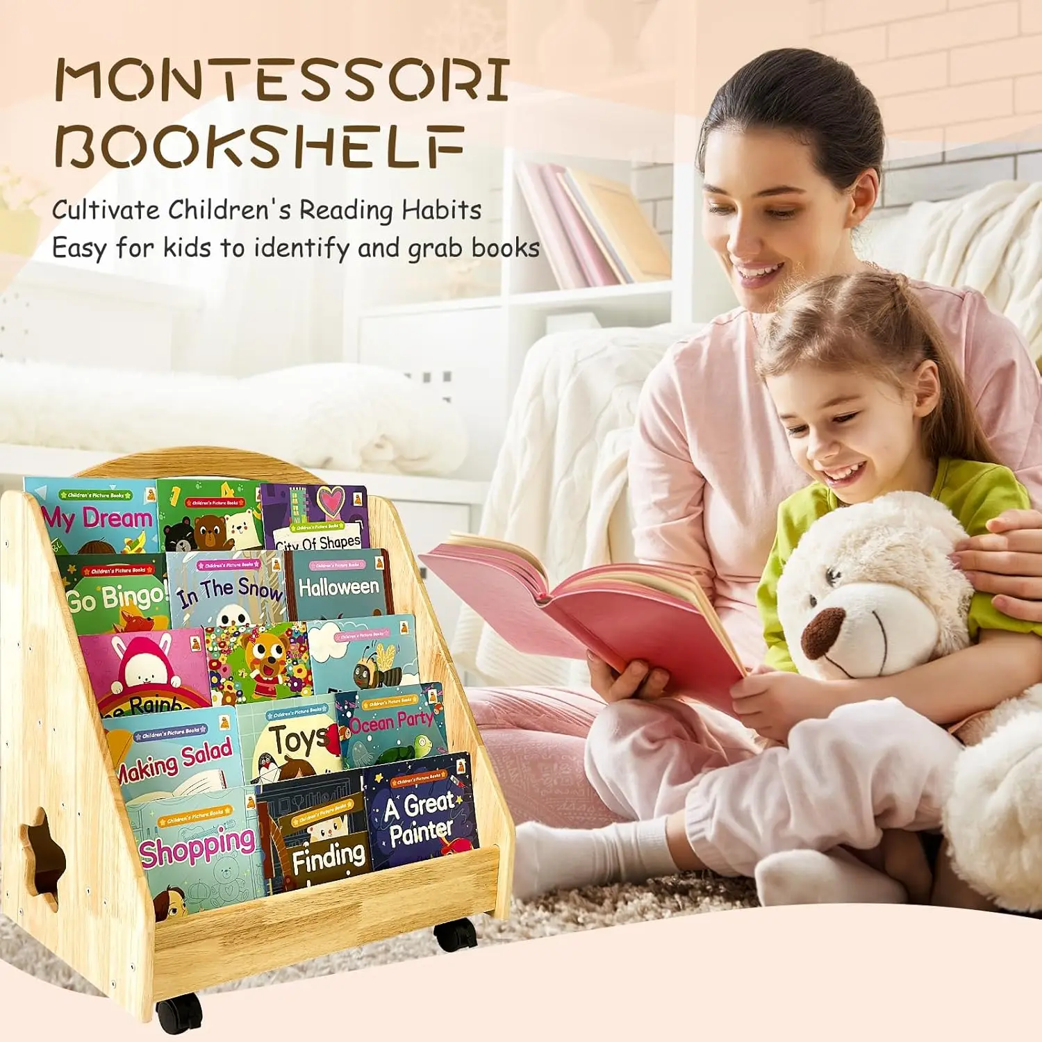 Montessori Bookshelf for Toddler 1-5 Years, 5 Tier Front-Facing Natural Wood Kids Bookcase with Handle and Wheels, Children's 6