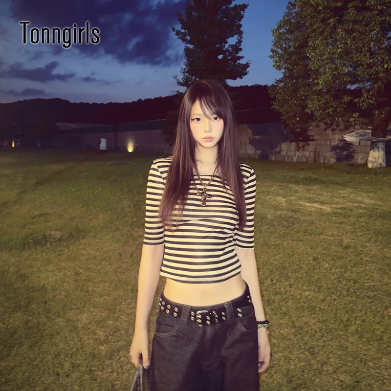 Tonngirls Y2k Fairycore Print T-Shirt Damen Dreiviertel japanische 2000er Jahre Crop Tops Streetwear American Retro Grunge Tops Slim