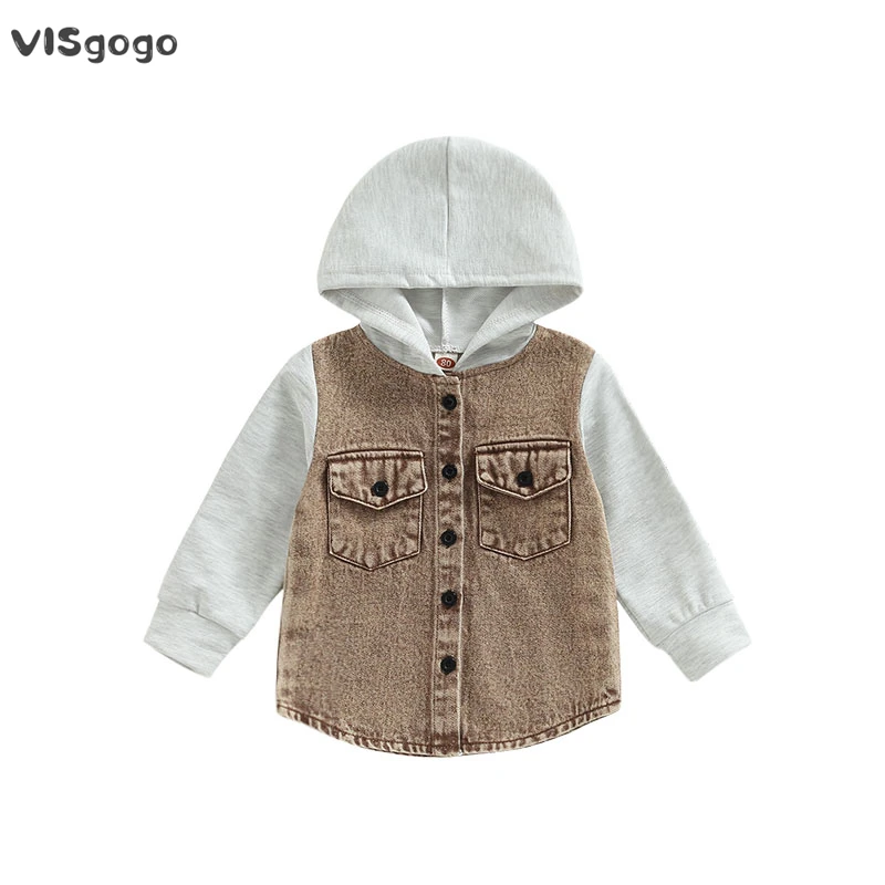 VISgogo Toddler Baby Denim Jacket Boys Girls Layered Long Sleeve Button Down Hoodie Jean Jackets Coat with Pockets Outerwear