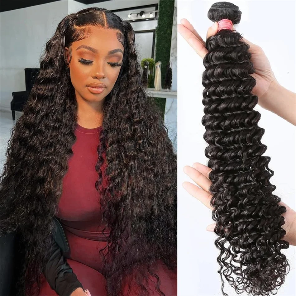 Deep Wave Bundles Human Hair 100% Unprocessed Brazilian Virgin Remy Weft Extensions Natural Black Color 8-32 inch