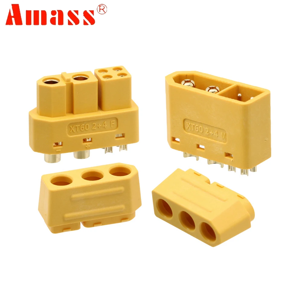 5 Connettori Amass XT60L-M A Incasso, Dorati, Per Batterie LiPo - Nuovo, Nylon, Max 60A