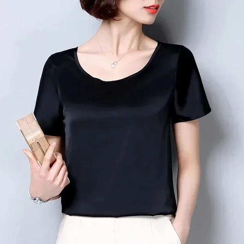 Women Tops and Blouses Office Lady Elegant Satin Blouses Round Collar Tops Summer Short Sleeve Solid Color Shirt Clothes 2126 50