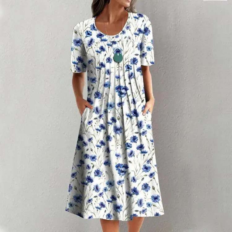 Summer Short Sleeve Floral Printing Vintage Dresses For Women 2023 Female Clothing Loose Beach Elegant Large Swing Midi Dress