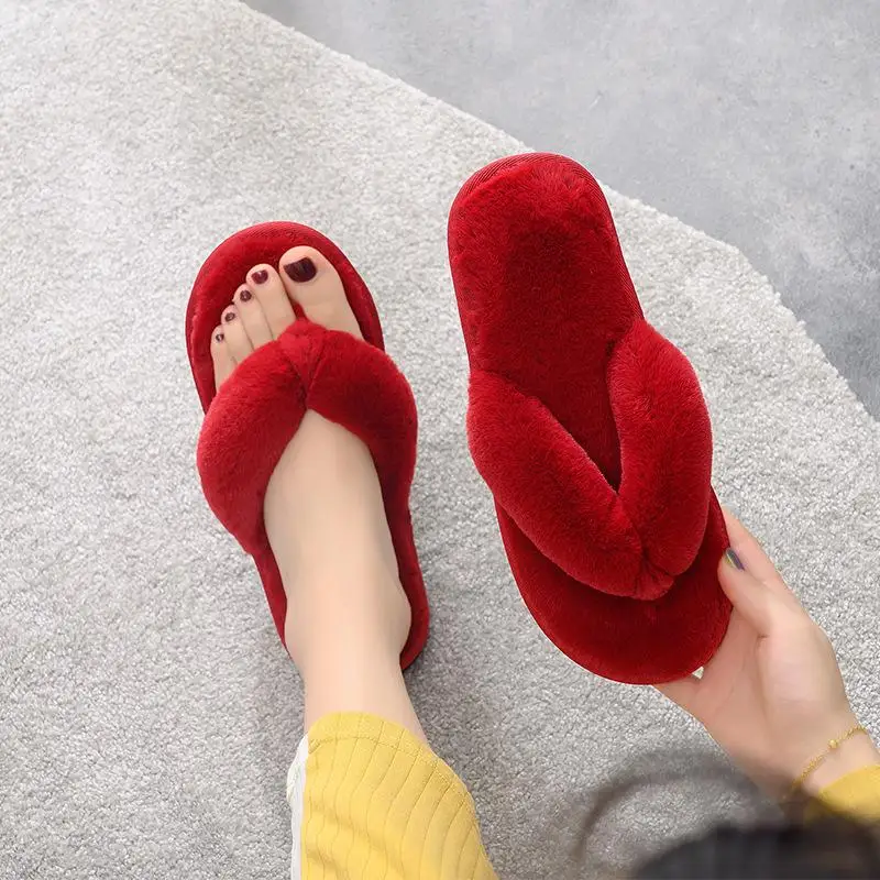 Fur Flip Flops Plus Size Beach & Outdoor Sandals Winter Fashion Women Home Slippers Faux Fur Warm Shoes Woman Slip Flats Female
