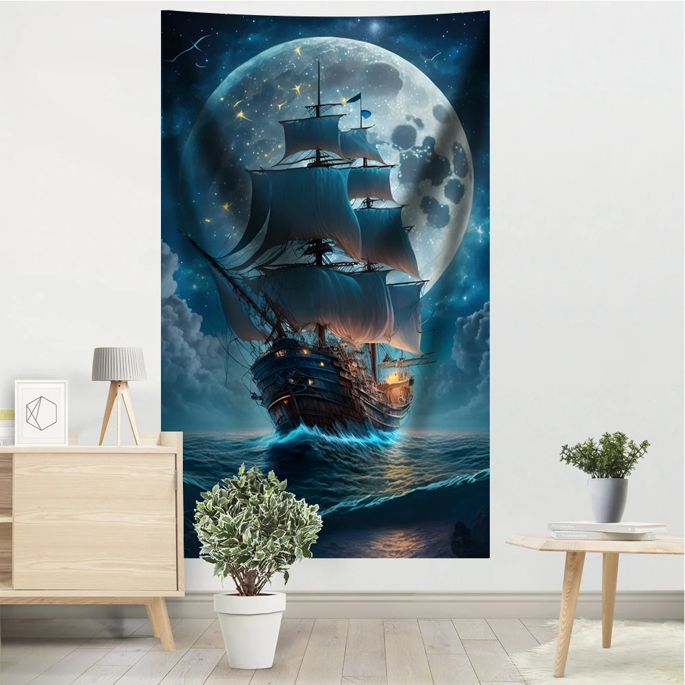 

Sailboats Sailing Tapestry Banners Sailing In The Dark Flag Pirate Ships Moons Rooms Hanging Decorati