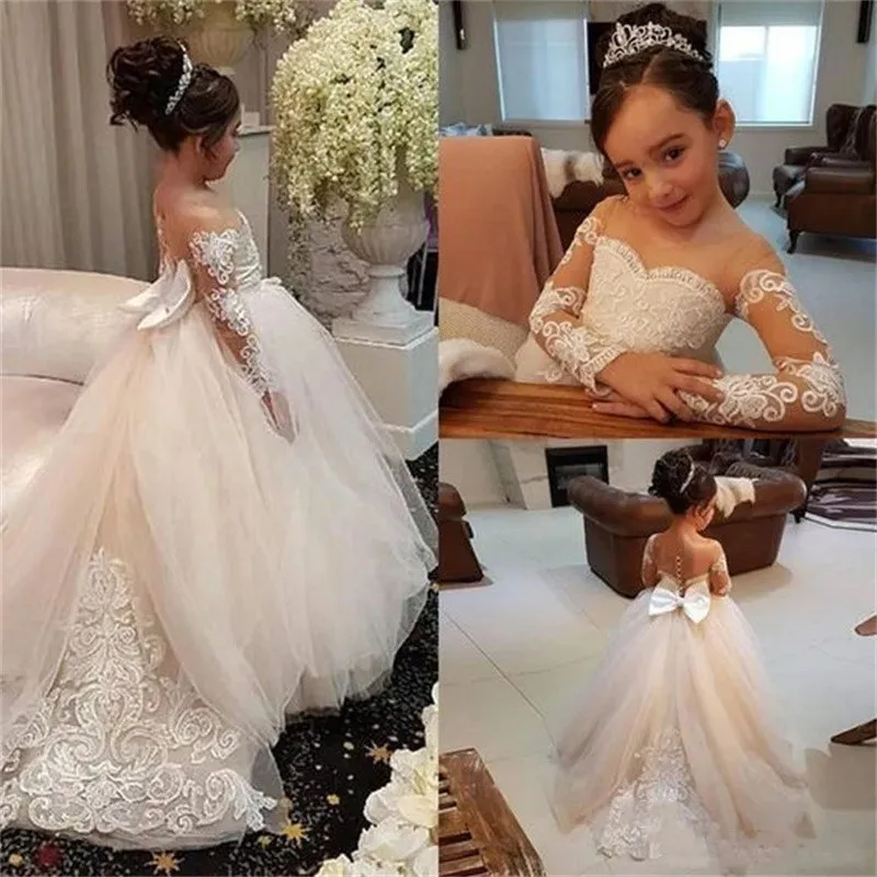 

Children's Lace Flowers Girl Dress with Bows Child Bridesmaid First Communion Ball Gown Wedding Party Kids Clothes 2-14 Years