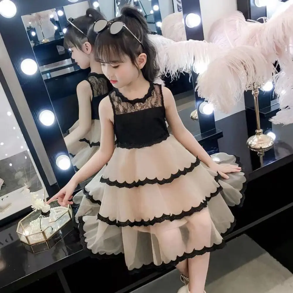 Fashion Sleeveless Girls Princess Dress Loose Teens Summer Lace Dress Party Beach Vacation Children Mesh Dress Holiday