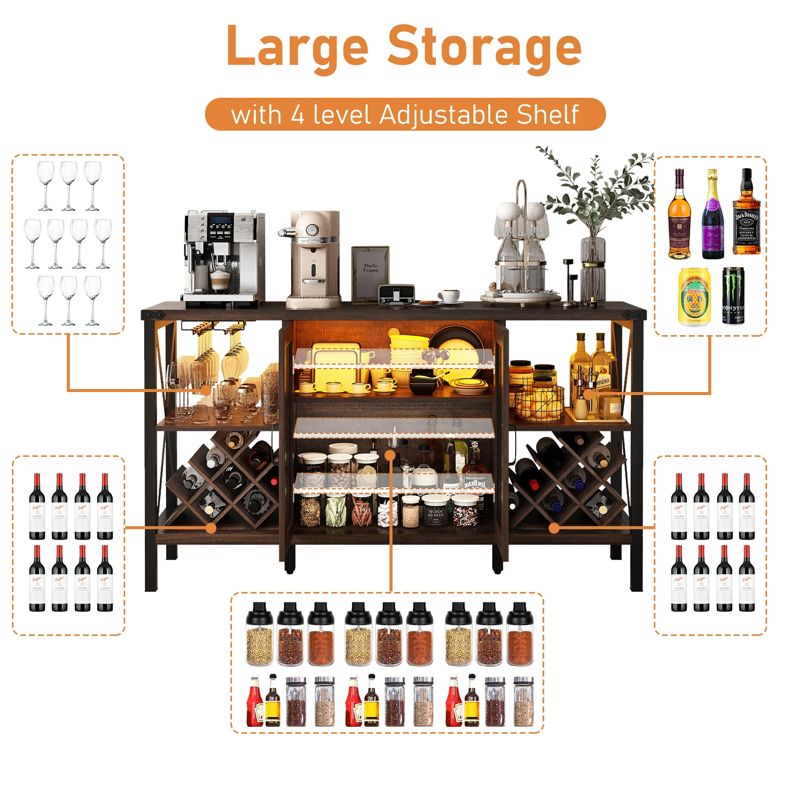 55" Industrial LED Bar Cabinet with Outlet, liquor cabinet bar with Removable Wine Rack and Glass Holder for Living Room Kitchen