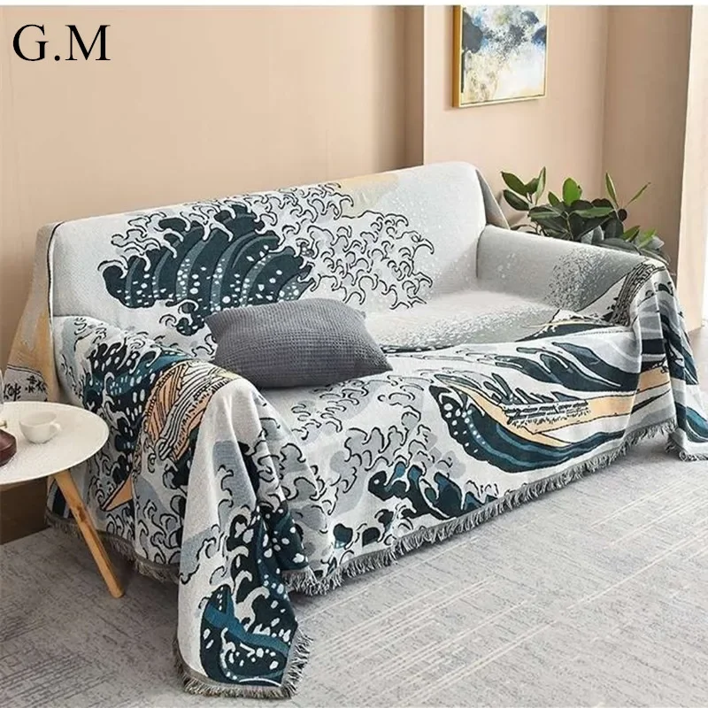 

Vintage Art Woven Blanket Sea Wave Printed Blankets for Beds Outdoor Beach Camping Picnic Mats Cotton Soft Throw Blanket Beach