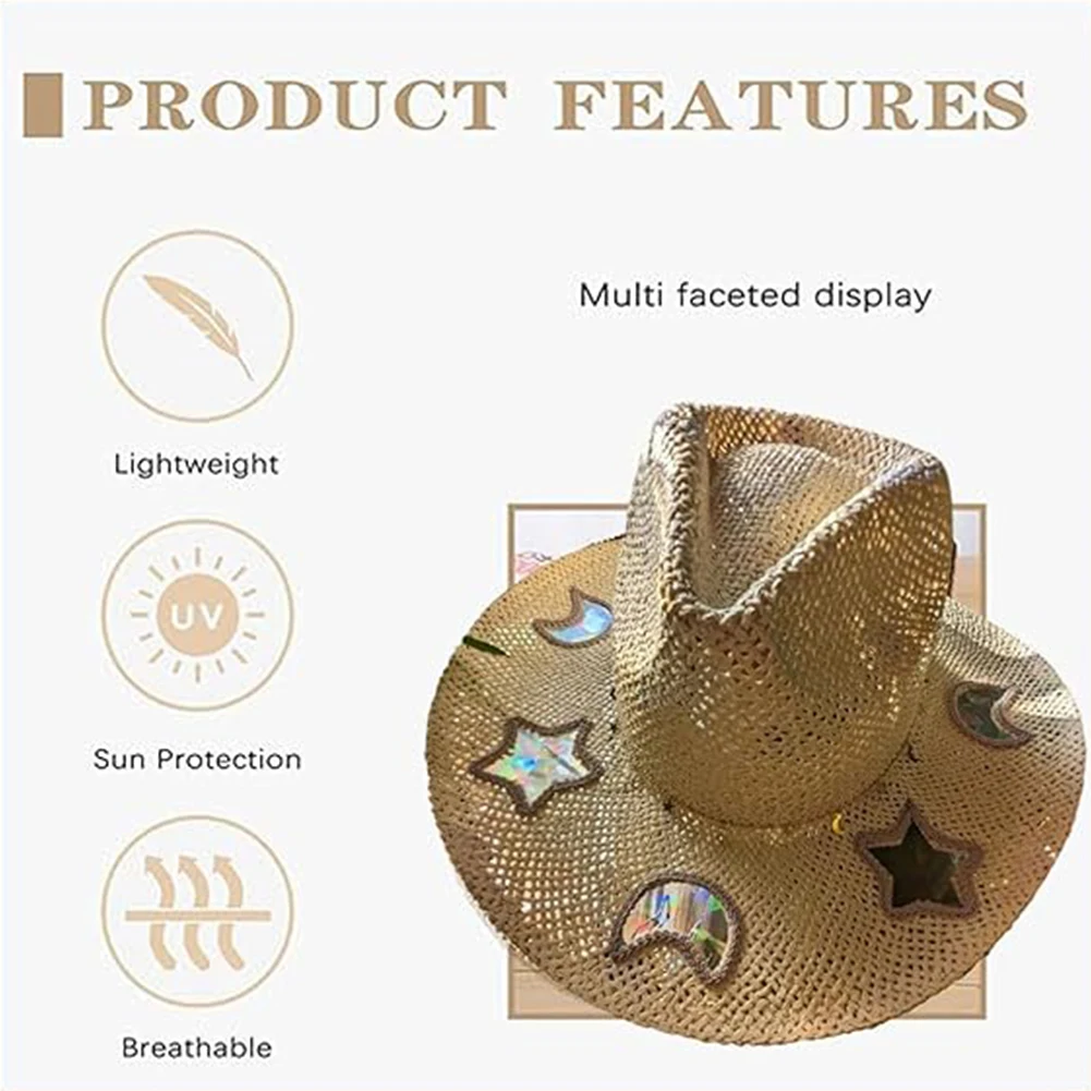 Straw Beach Sun Hat for Women Shapeable Cowgirl Hat Vintage Summer Woven Sun Hat for Music Festival Party Beach
