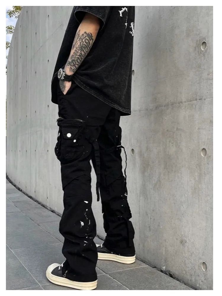 Street Strap Speckled Ink Pocket Stereoscopic Cut Micro Horn Workwear Pants Hip Hop High Street Punk Stacked Casual Pants