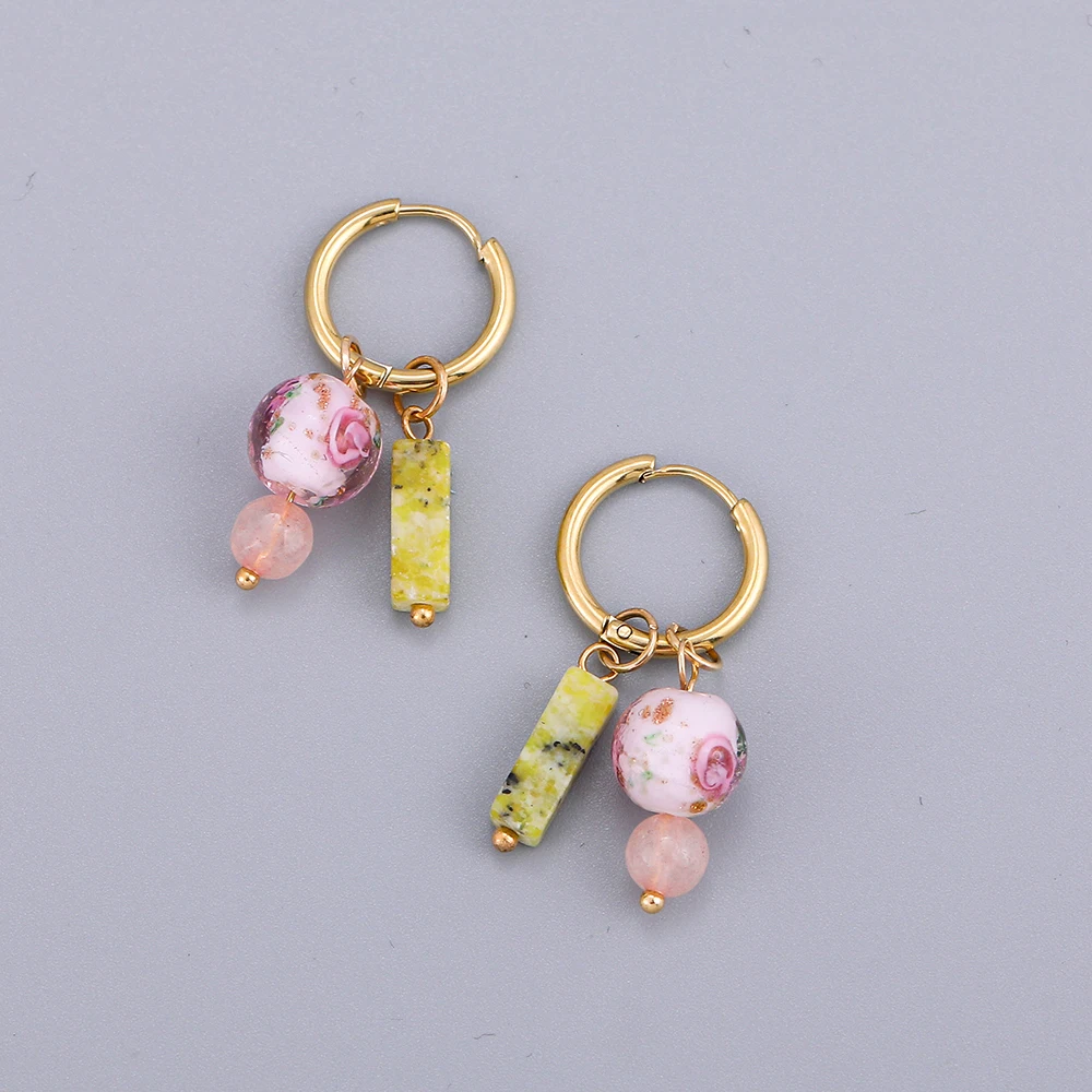 Boho Flower Glass Ball Natural Stone Pendant Earring for Women Gold Color Stainless Steel Round Huggie Ear Rings Fashion Jewelry