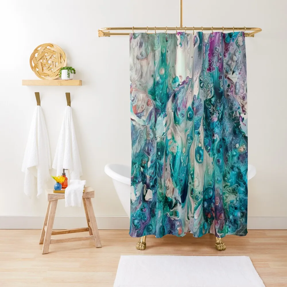 

Aqua Rain | Teal and White Pour Art | About High Vibe Art Shower Curtain For Bathroom Curtain