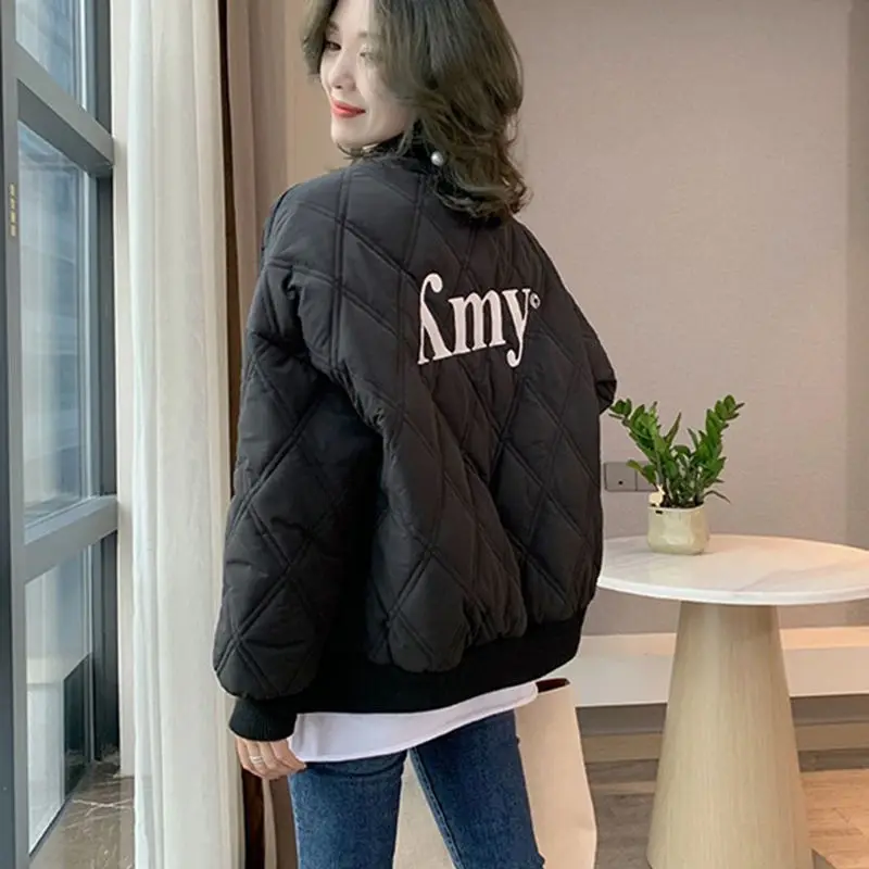 

M-3XL Womens Padded Parkas Jacket Autumn Winter Female Coats Stand Collar Zipper Letter Loose Keep Warm Ladies Outerwear Hw40