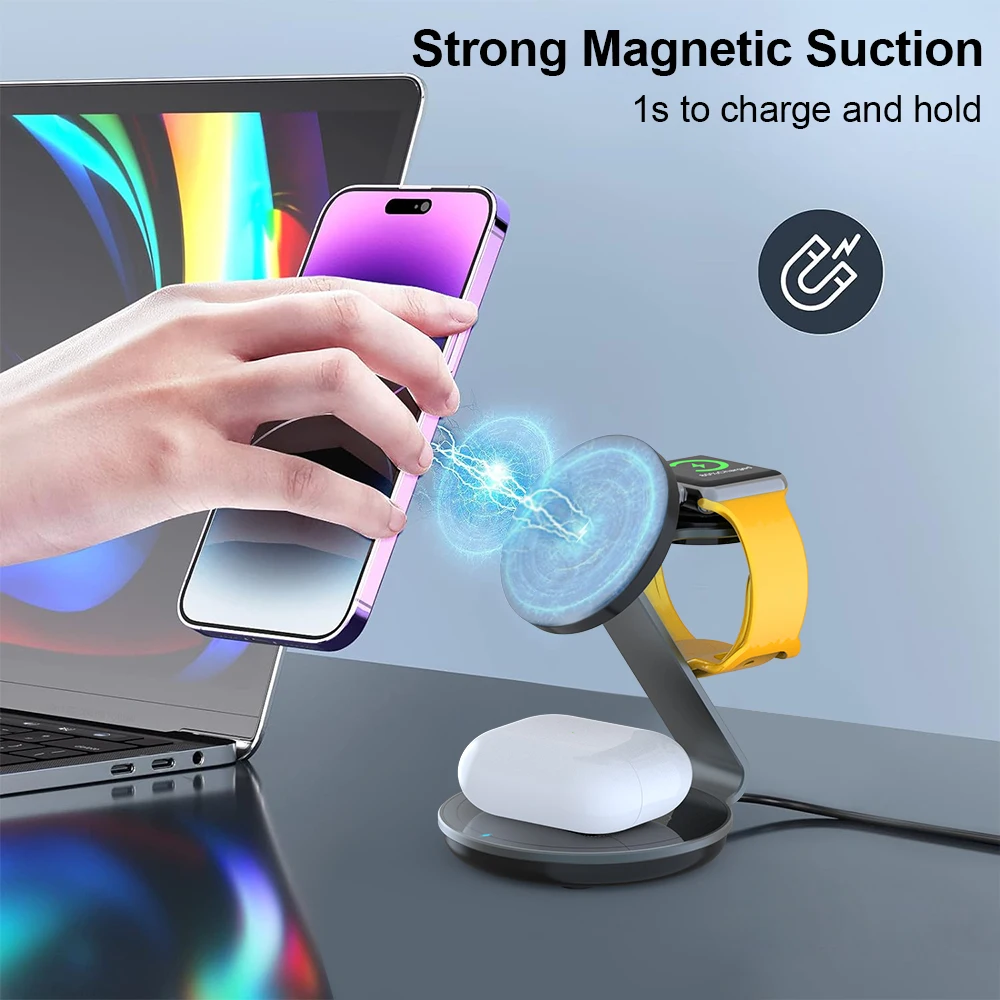 Magnetic Wireless Charger Stand 3 in 1 Fast Charging Station For iPhone 15 14 13 12 Pro Max Apple Watch 9 8 7 6 5 Induction USB