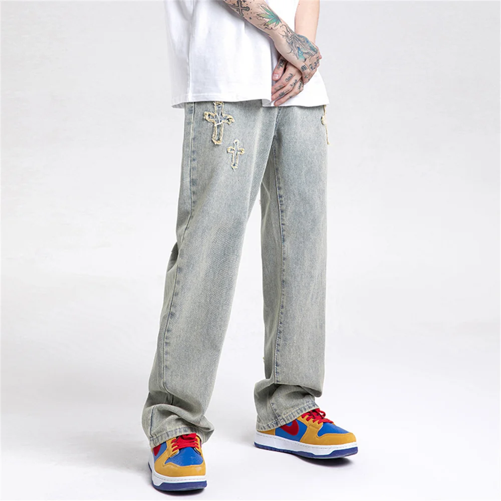 Y2K Men's jeans European and American high street cross embroidery hip-hop tide brand straight loose wide-leg pants ins hot sale