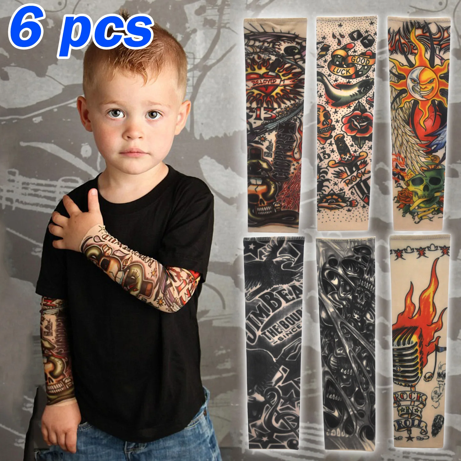 6 Pcs Children Tattoo Sleeves for Girl Boy Summer Sun Protection Kids Patterned Sleeve Cycling Outdoor Thin Tattoo Arm Cover