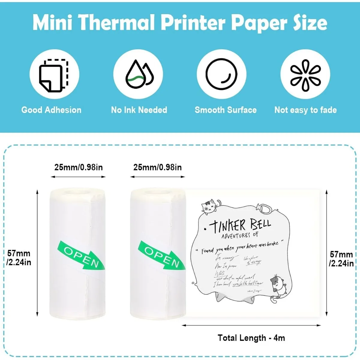 Mini Thermal Sticker Paper for Phomemo M02/T02 Mini Printer, 57x25mm, Sticker Paper for Photo Journal Notes Memo