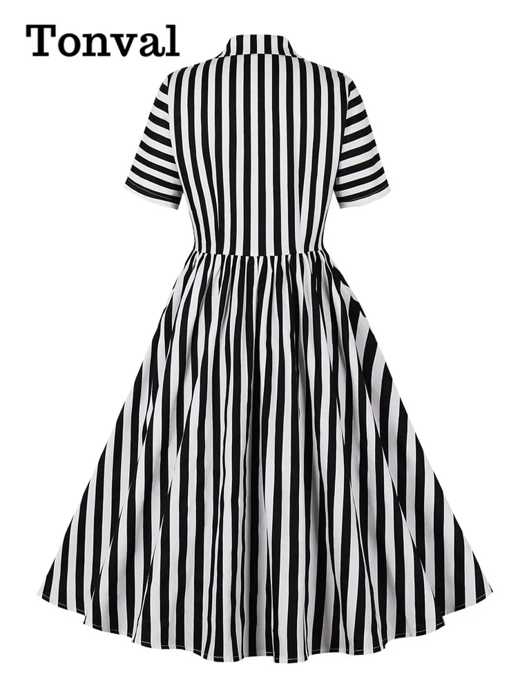 Tonval Notched Collar Single Breasted Striped Print Cotton Ladies Dresses Elegant 40s 50s Pleated Rockabilly Women Midi Dress - AliExpress 200000345 Tonval Notched Collar Single Breasted Striped Print Cotton Ladies Dresses Elegant 40s 50s Pleated Rockabilly Women Midi Dress - AliExpress 200000345
