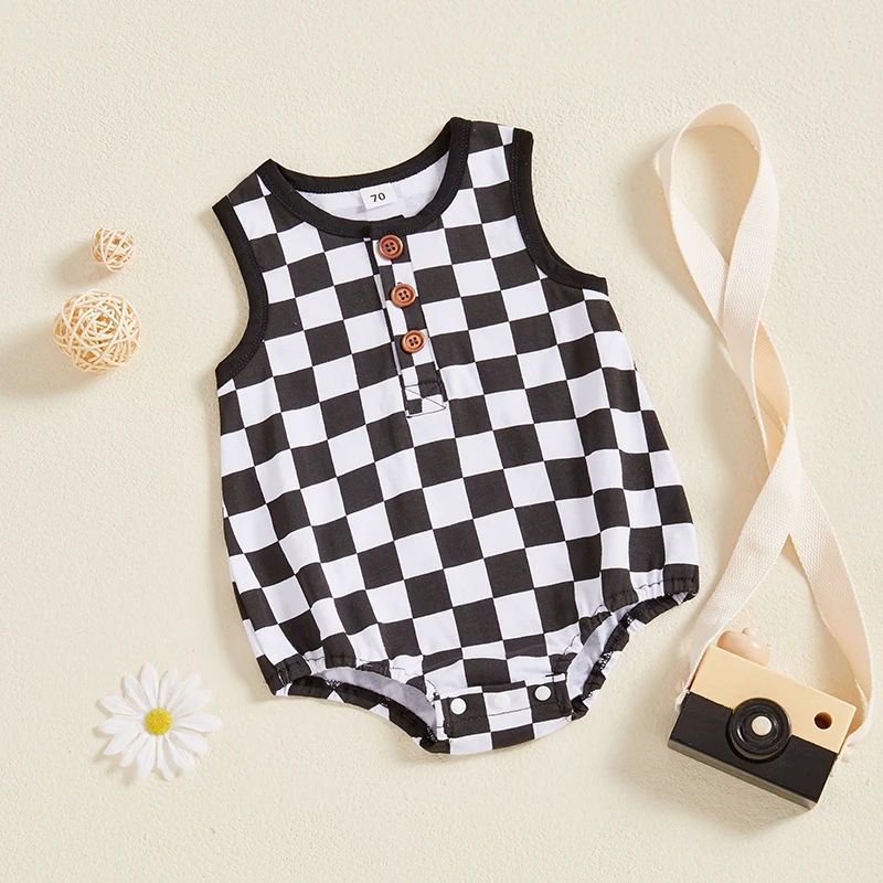 FOCUSNORM 0-18M Casual Baby Boys Summer Romper Checkerboard Plaid Print Sleeveless Jumpsuit for Newborn