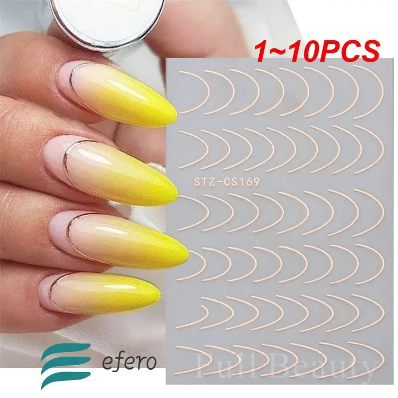 1 ~ 10 шт. изогнутые полосатые наклейки для ногтей Золотая крутящаяся лента Французский маникюр Минималистичная наклейка металлический дизайн ногтей