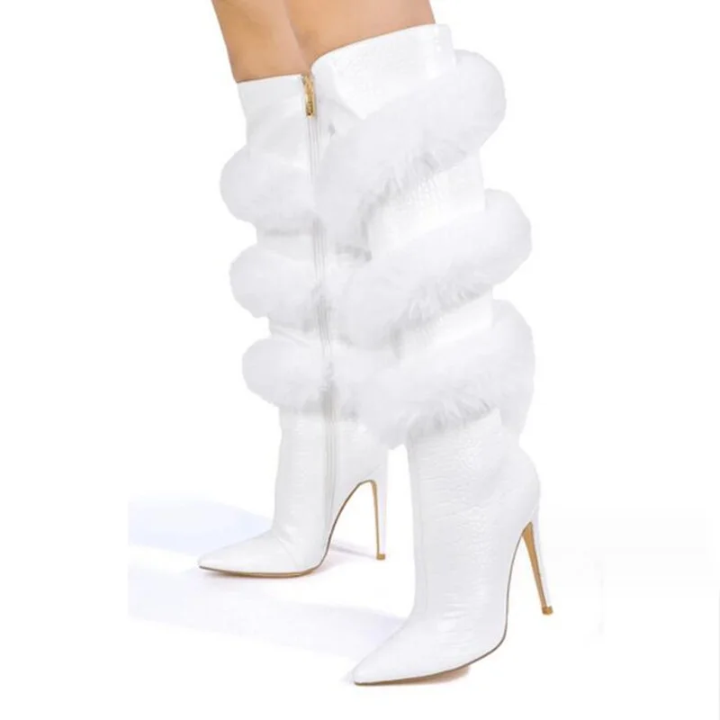 

Newest Fur Winding Snakeskin Thigh High Boots Black White Brown Printed Leather Pointed Toe Thin Heels Winter Knee High Boots