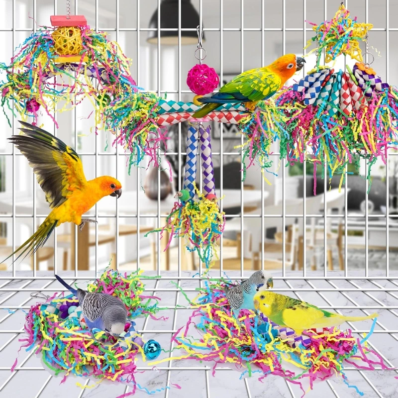 5 Piece Bird Shredding Toys Wooden Blocks Colorful Parrot Chewing Foraging Hanging Toy for Parakeets Love Birds Budgies 2