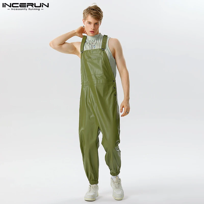 

2023 Men Jumpsuits Faux Leather Solid Sleeveless Streetwear Suspender Rompers Pockets Loose Fashion Casual Male Overalls INCERUN