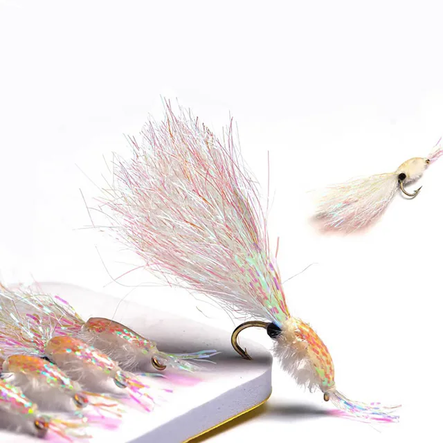 5Pcs/Box White Ice Wing Shrimps Fly Chain Eyes Rubber Legs Nymph Fly For Pike Trout Steelhead Saltwater Fishing Lure