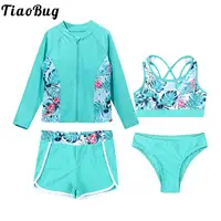 Kids Girls 4PCS Printed Swimsuit Long Sleeve Outerwear with Sleeveless Crop Top Briefs Shorts Bathing Suit Rash Guard Swimwear 1