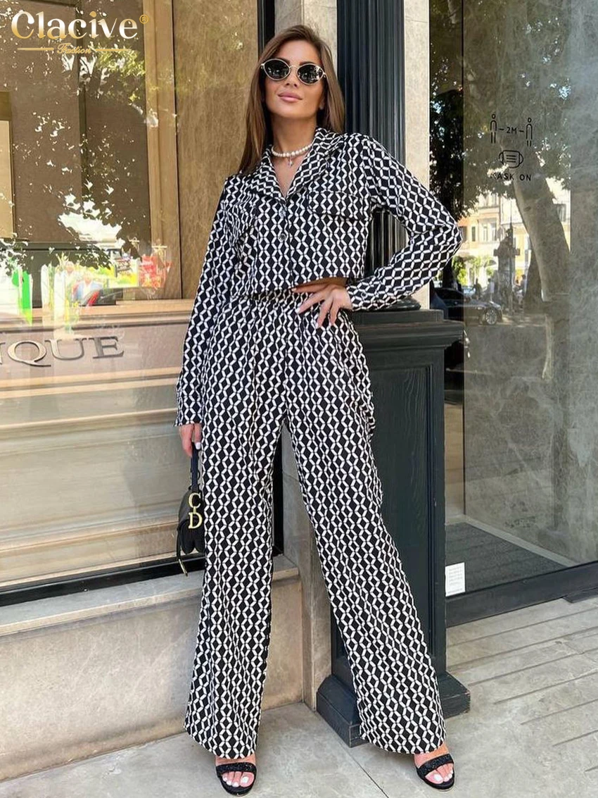 

Clacive Fashion Long Sleeve Shirt 2 Piece Sets Women Outfit Casual Loose Print Pants Set Elegant High Waist Wide Trousers Suits