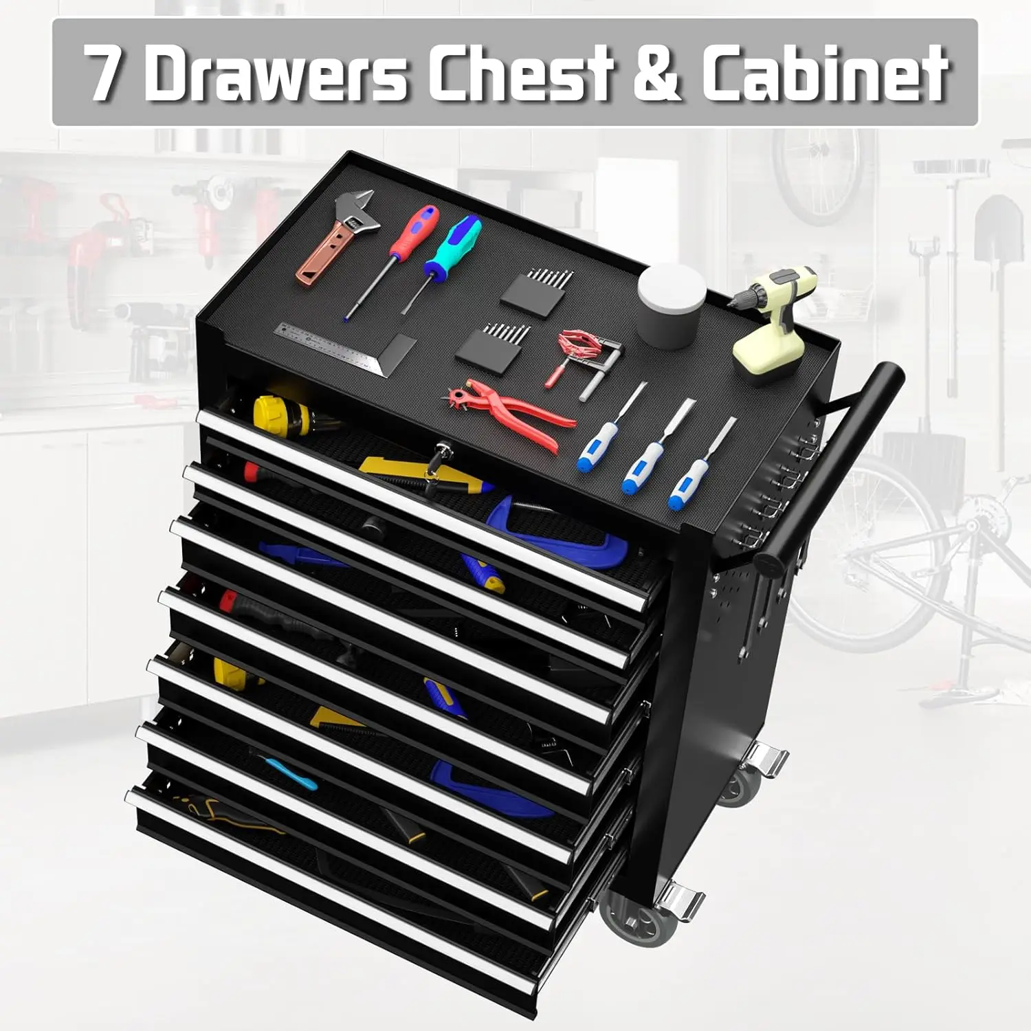 Rolling  Chest, Heavy Duty Rolling Box on Wheels, Metal Storage Cabinet with Drawer Liners, Lockable Cart wit 3