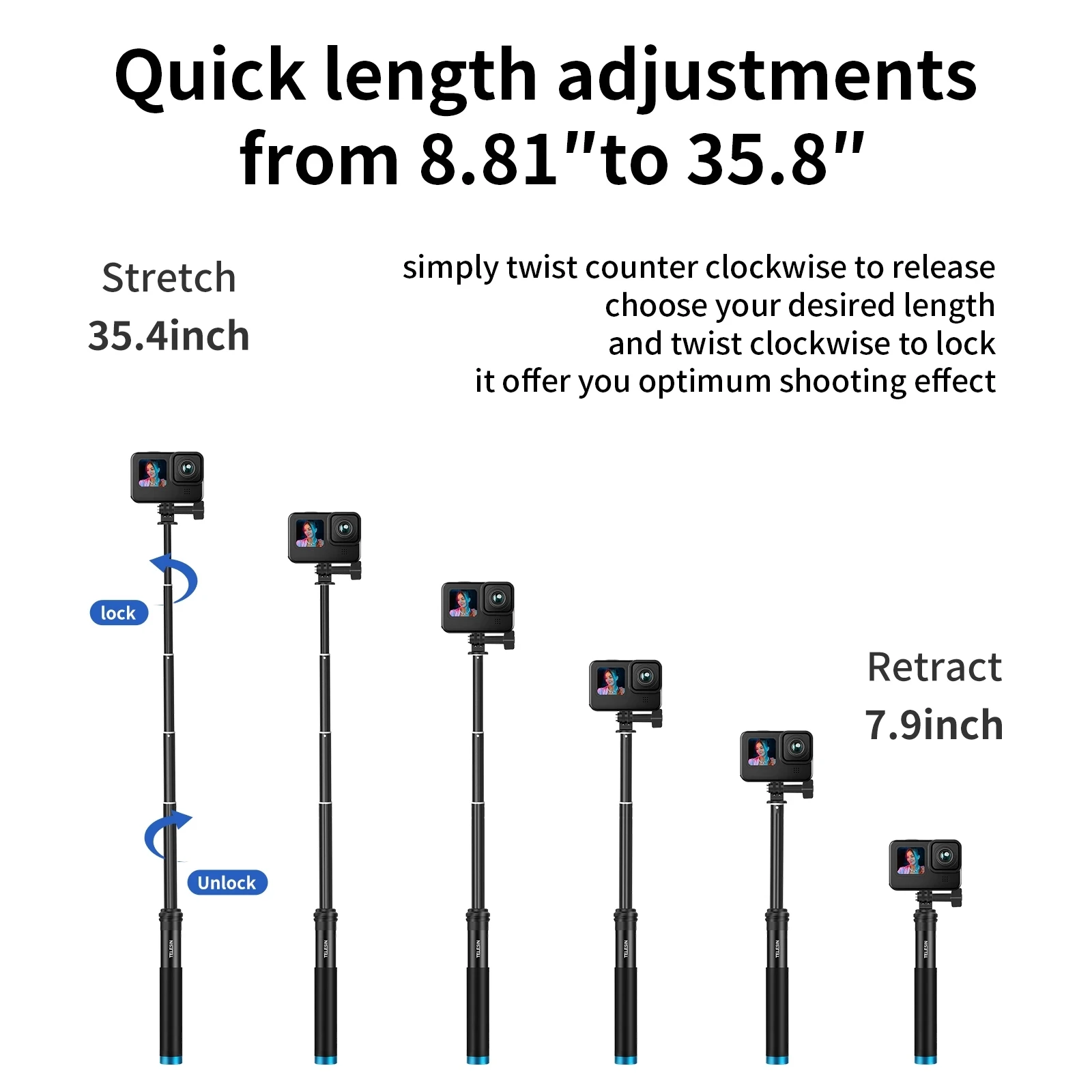 Perche Selfie pour GoPro et Action Cam pliée à 25cm, facile à ranger.