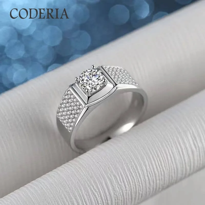 Real Solid 925 Sterling Silver Men's Ring Plated 18K White Gold D color VVS1 Diamond 1-2 Carat Moissanite Rings Luxury Jewelry 2