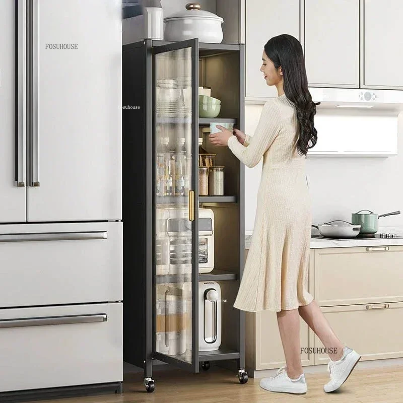 Nordic Metal Kitchen Cabinets Multi-layer Storage Rack with Wheels Refrigerator Seam Cabinet Home Cupboard Storage Cabinet