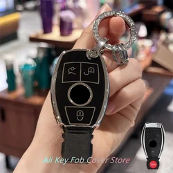 Elegant Leather Key Fob Cover with Keychain - Girly and Cute Design (Black with ring)