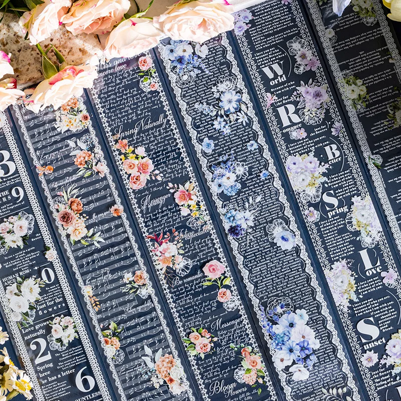 Pet 테이프 6 가지 스타일, 각 200cm DIY 수제 콜라주 장식 재료 테이프 스티커, 영어 투명 레이스 플라워 테이프