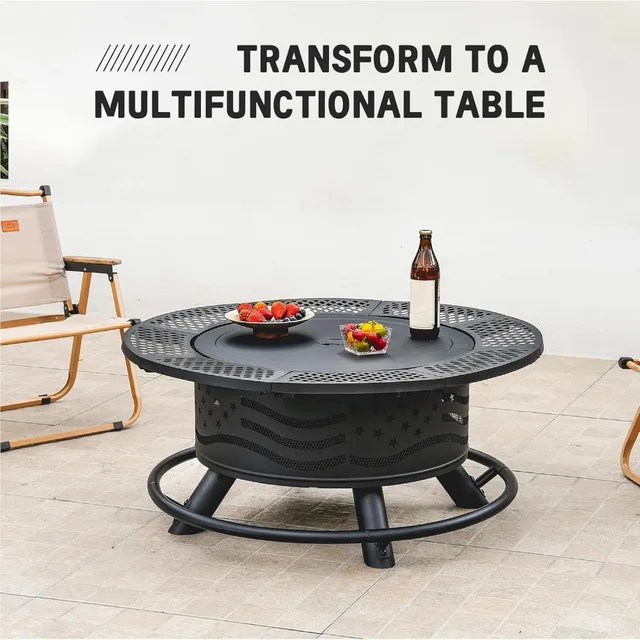 36 Inch Outdoor Fire Pit with 2 Cooking Grates, Wood Burning BBQ Grill Bowl and Cover for Backyard Patio 4