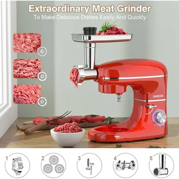 Stand Mixer, BABROUN 6 IN 1 Multifunctional Electric Kitchen Mixer with 6.5QT Stainless Steel Bowl, 1.5L Glass Jar, Meat Grinder 4