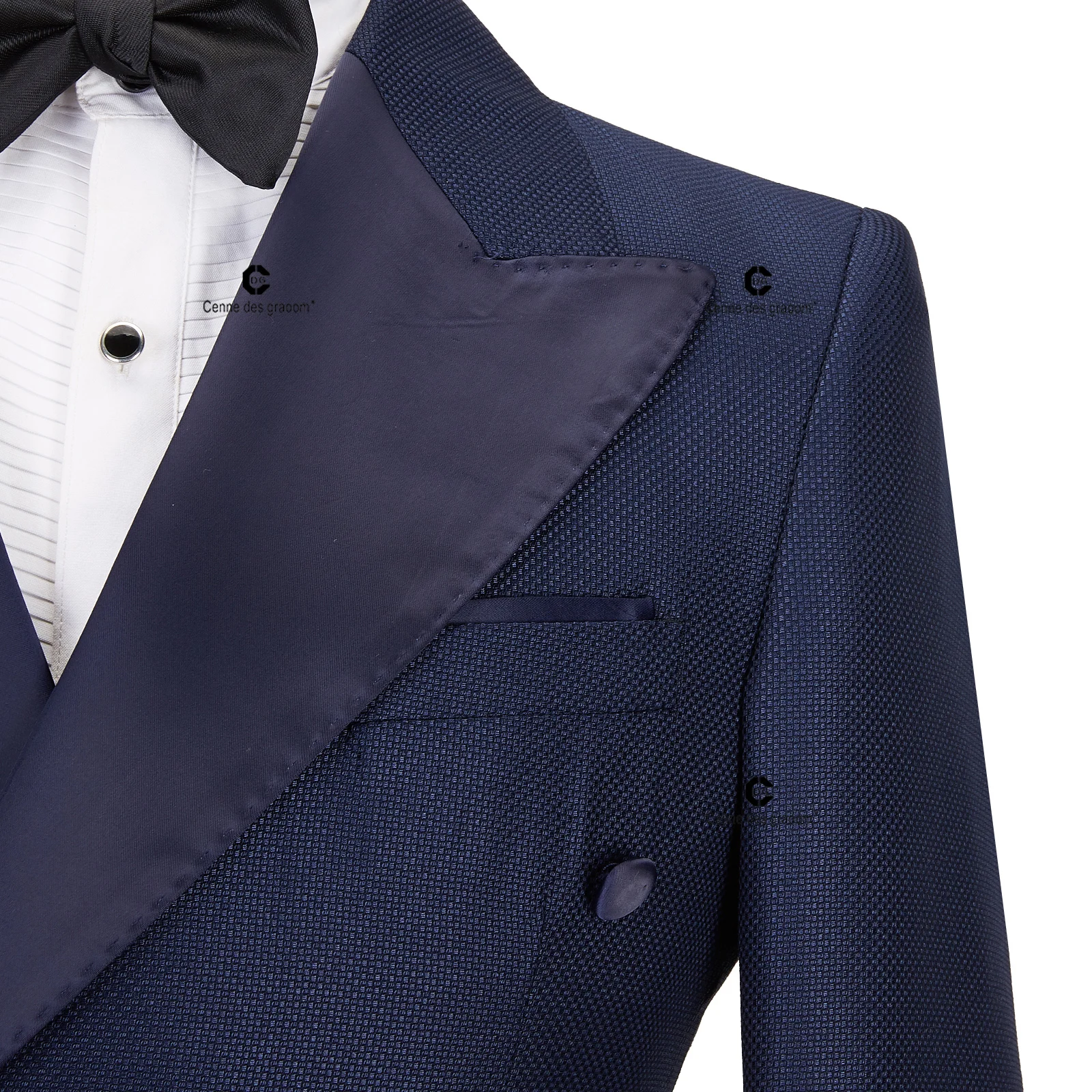 Cenne Des Graoom 2024 New Elegant Blue Tuxedo Suits for Men Double Breasted Satin Collar Jacket Pant 2 Pcs Set Wedding Evening
